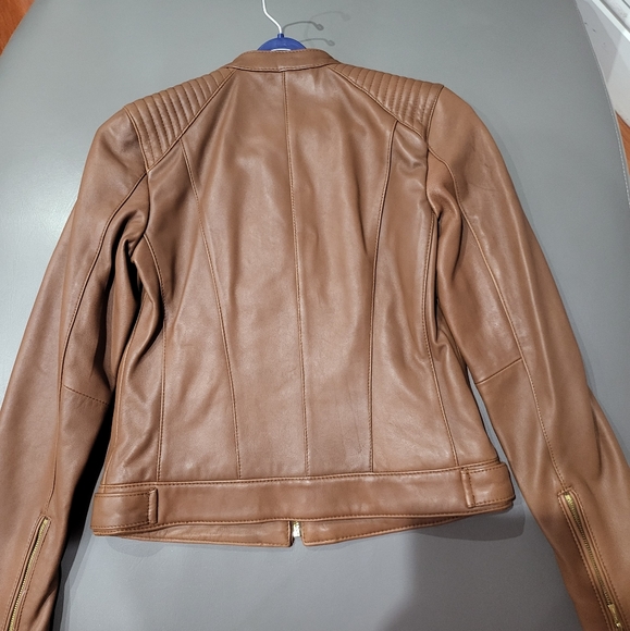 Cole Hann Caramel Brown Leather Moto Jacket Snap Button Neck - Picture 3 of 11